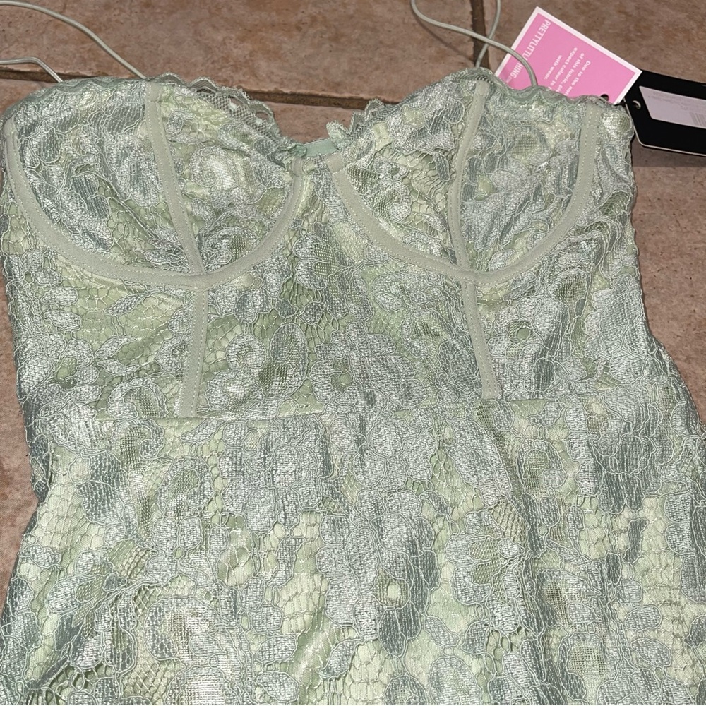 PrettyLittleThing Mint Lace Bodice Ruffle Mini Dress - Picture 2 of 5